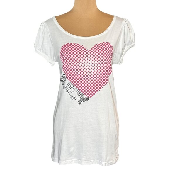 VTG Y2K Juicy Couture Graphic Tee Sz.L White Metallic Heart Logo Puff Sleeve - Picture 1 of 12